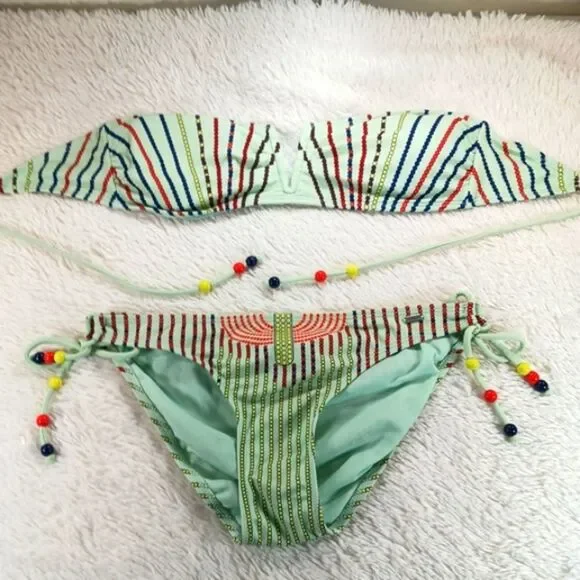 LA Hearts 2 Piece String Bikini With Strapless Bandeau Top. Retro Boho Beaded L - Picture 6 of 12
